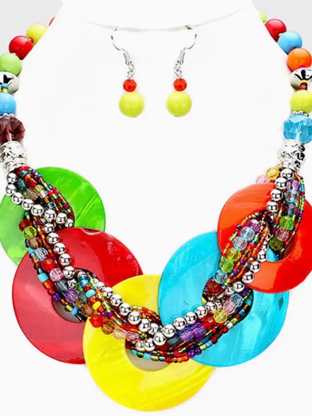 Colorful Multi-Bead Statement Necklace and Earrings - Bright Multi